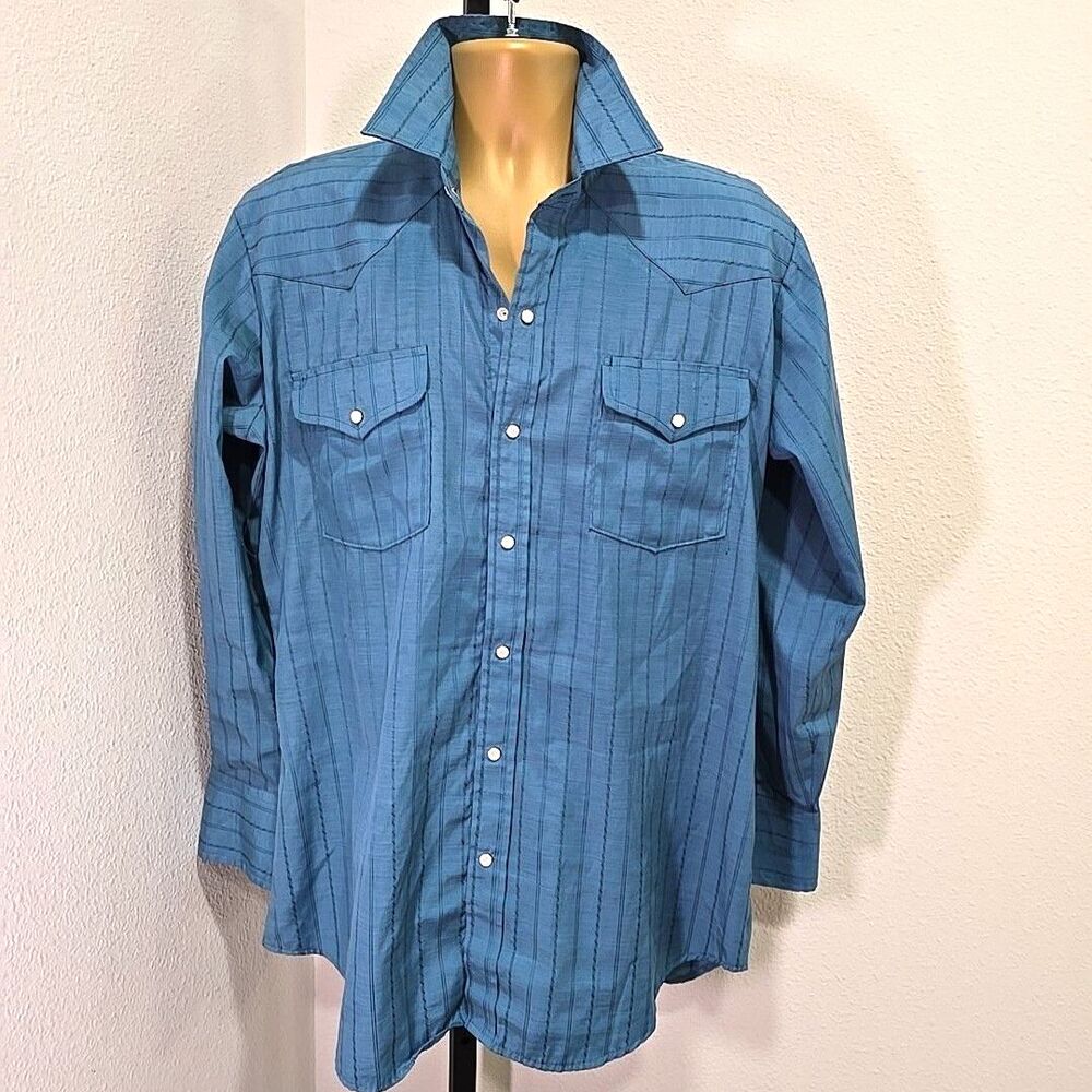 Rock Creek Western Pearl Snap Shirt Mens 16 33 Country Cowboy Rodeo Blue Stripe